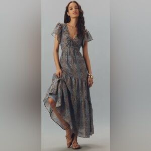 PAIGE Kinga Silk Blue and Gray Patterned Maxi Dress